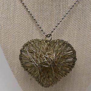 Large Puff Heart Wire Wrapped Statement Pendant Necklace Metal Caged Boho